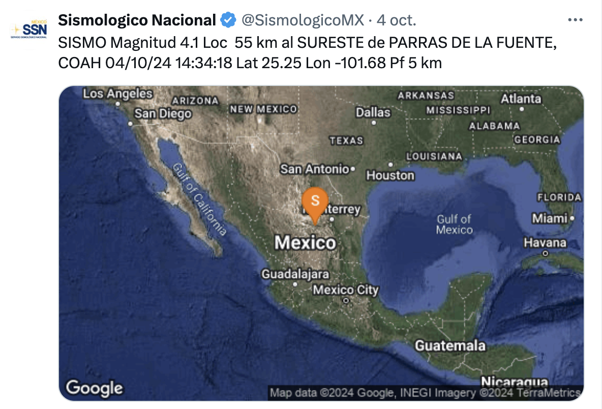 Coahuila alcanza el mismo número de sismos que en todo 2023