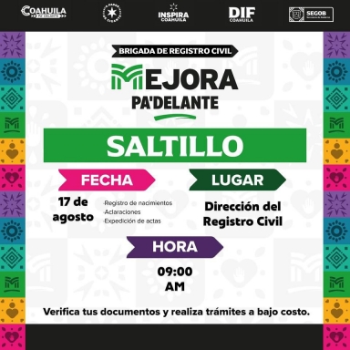 Invita Coahuila a brigada de Registro Civil en Saltillo