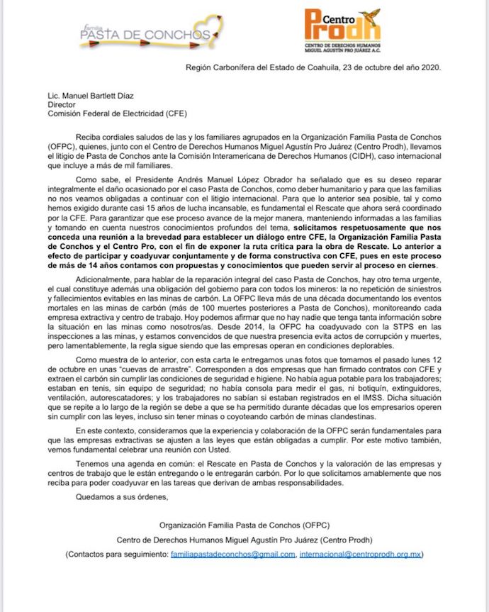 Esta es la carta que la Organización Familia Pasta de Conchos entregó en octubre a Manuel Bartlett.